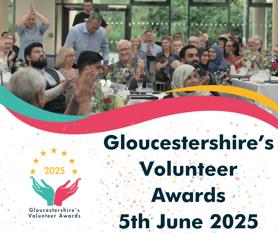 Words: Gloucestershire's Volunteer Awards, 5 June 2025. With image of audience from the 2024 ceremony in background