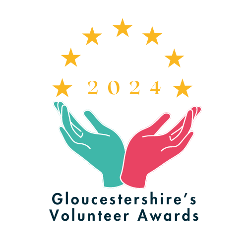 Two open hands with palms facing upwards and stars surrounding words 'Gloucestershire's Volunteer Awards 2024' 