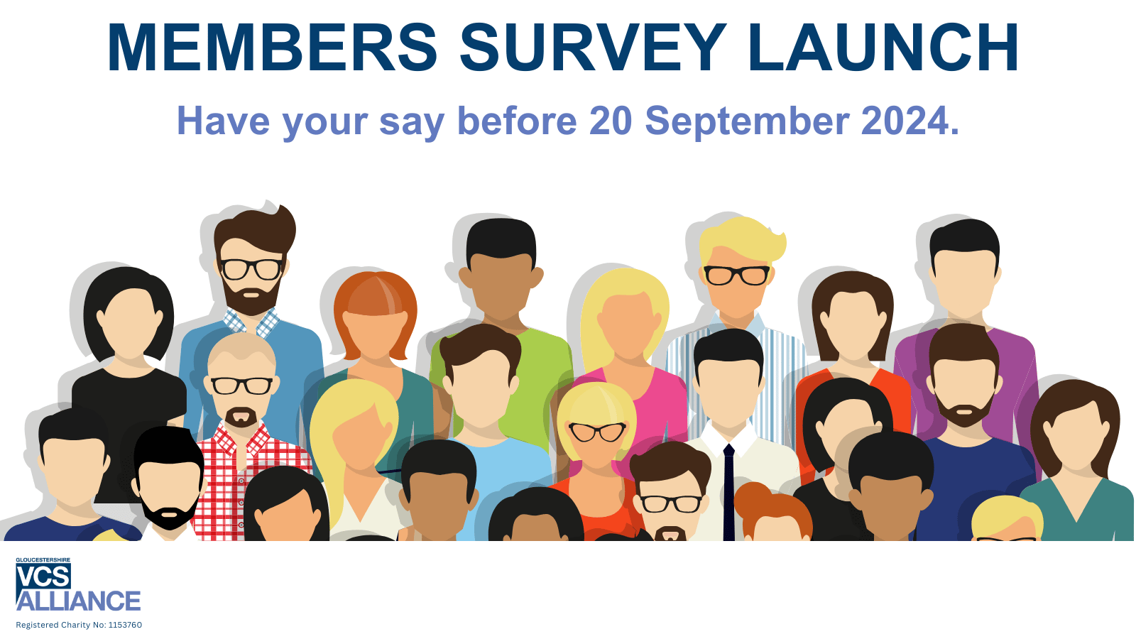 Words: Members survey launch. Have your say before 20 September 2024. Group of cartoon people below words.