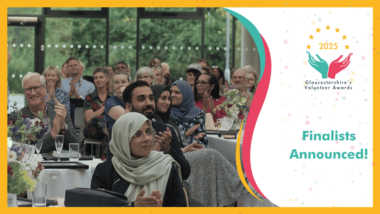 Words: Gloucestershire's Volunteer Awards 2025. Finalists Announced! With image of audience from the 2024 ceremony in background