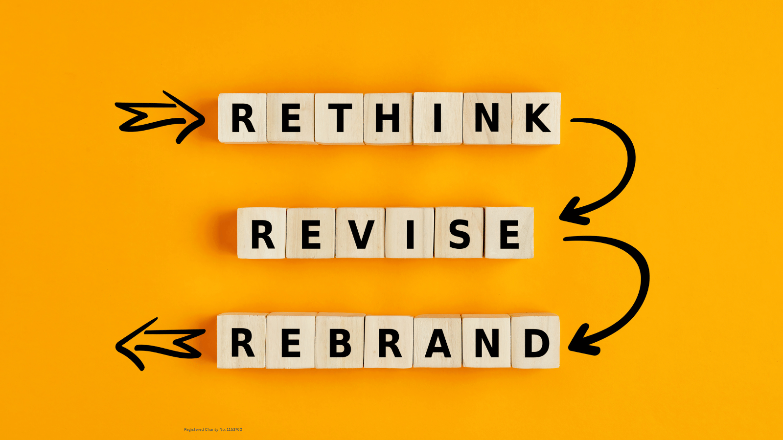 Words: Rethink, revise, rebrand printed on wooden blocks