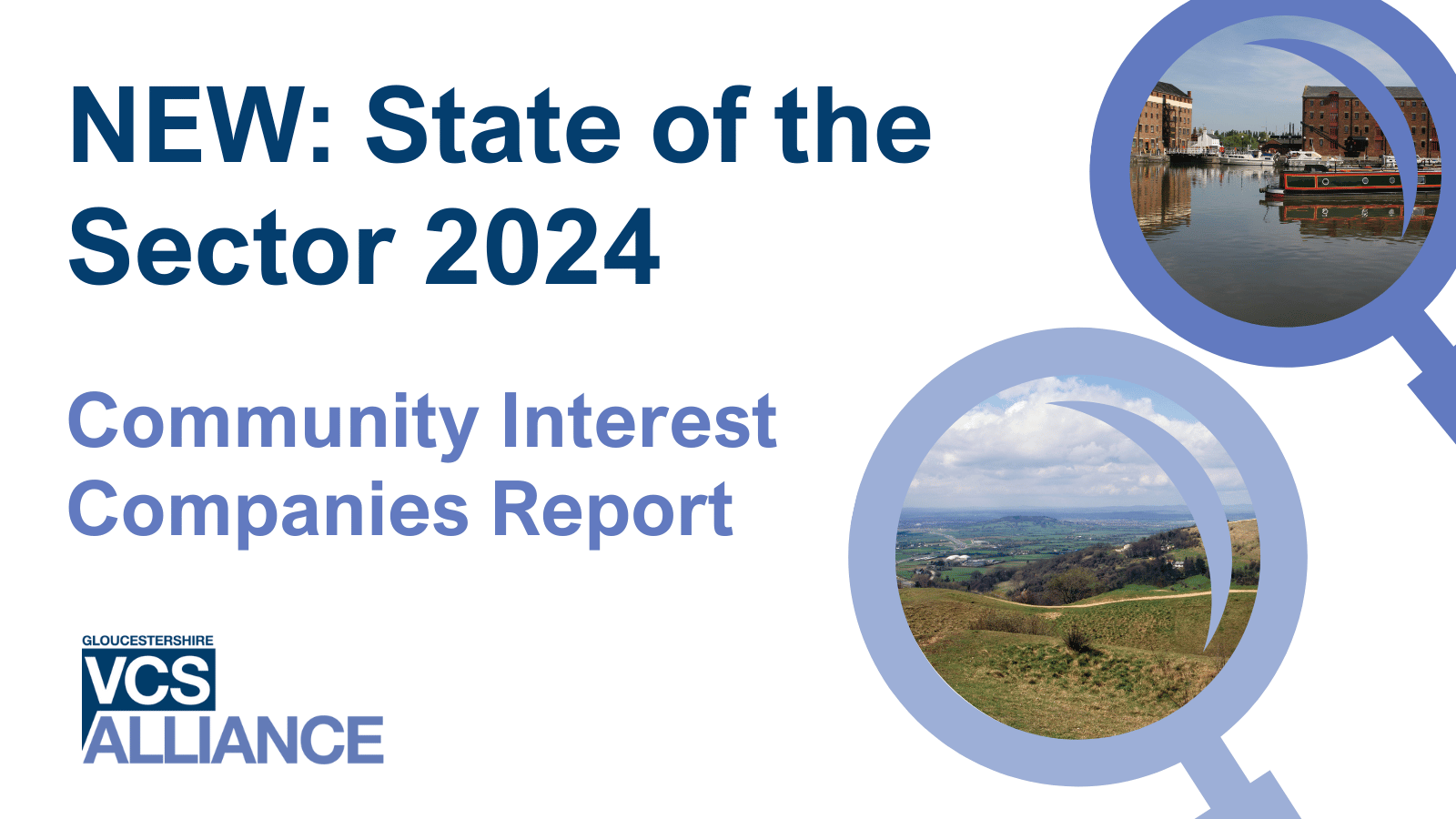 Words: State of the Sector, Community Interest Companies. Two images of Gloucestershire landscape in magnifying glasses