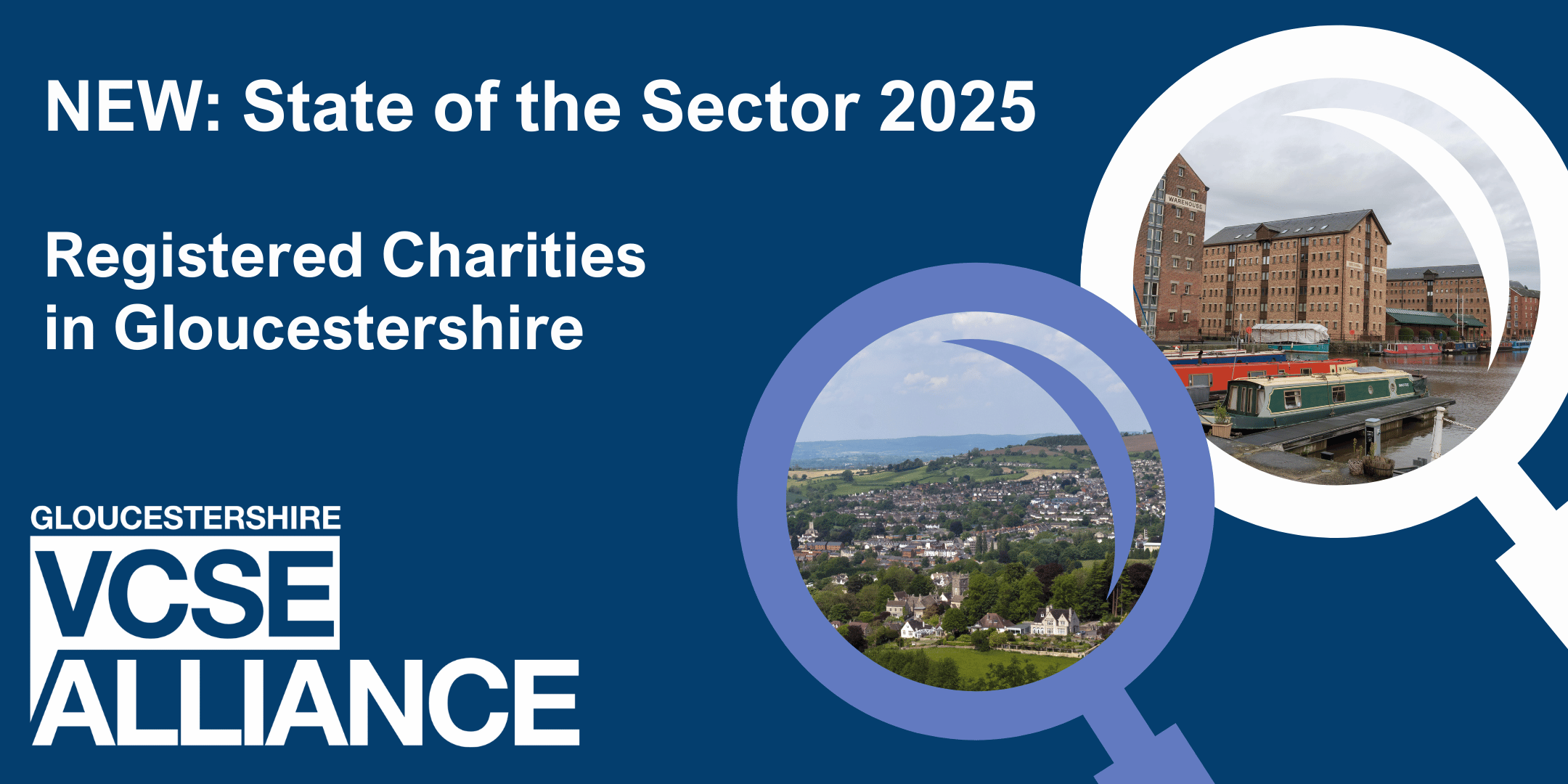 Words 'New: State of the Sector 2025. Registered Charities in Gloucestershire' with two magnifying glasses with photos  of Gloucester Quays and the Gloucestershire countryside.