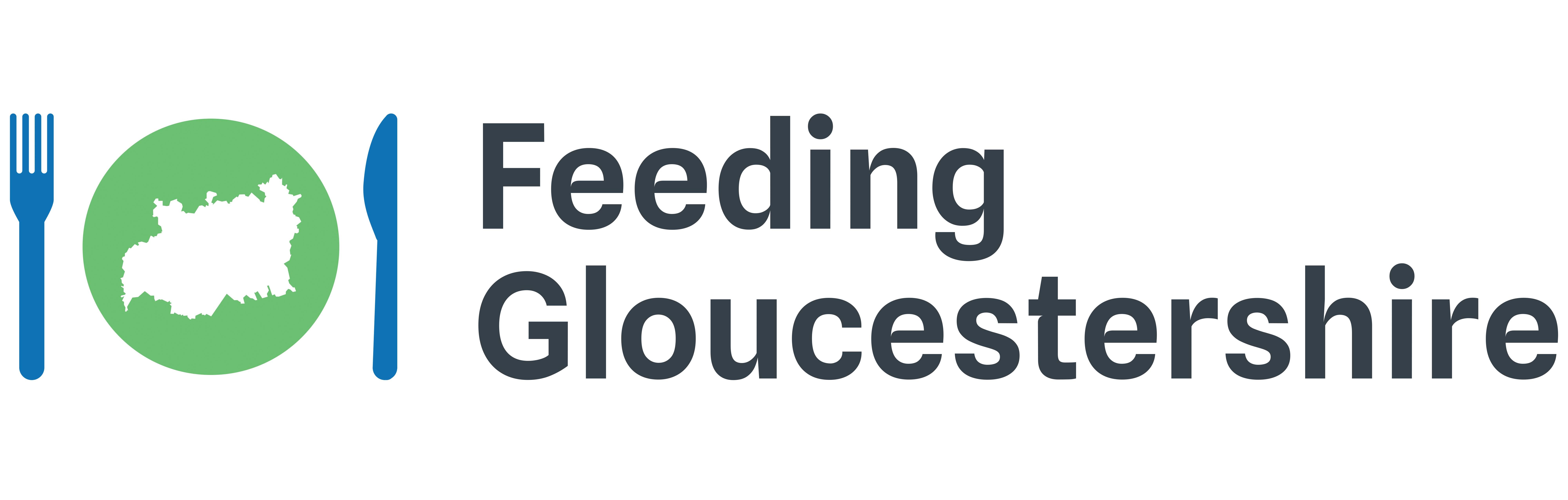Feeding Gloucestershire logo - fork, knife and plate with words 'Feeding Gloucestershire'